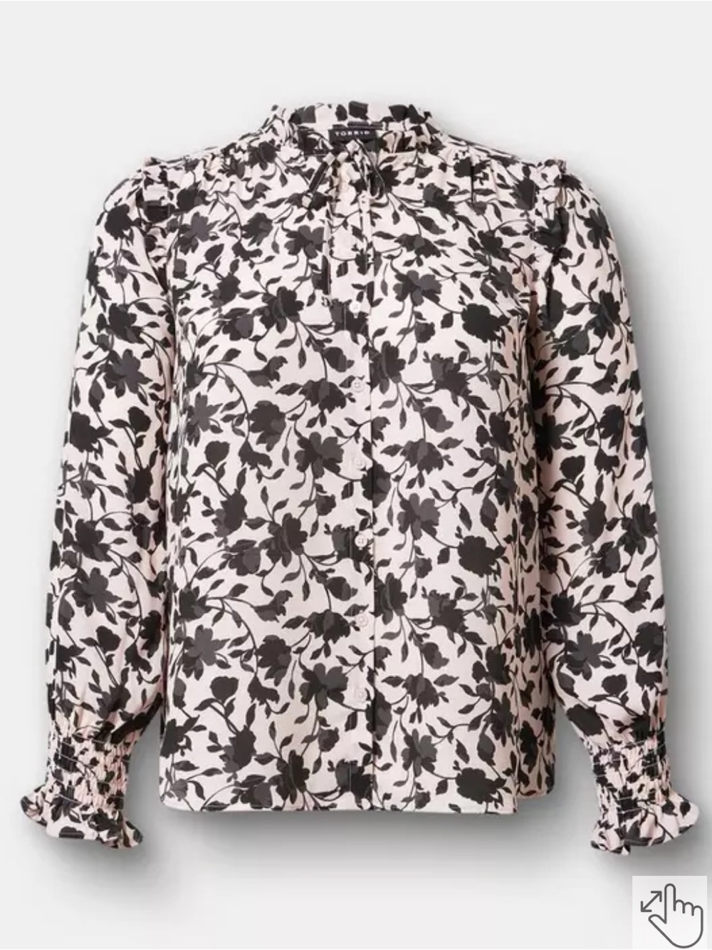 torrid Pale Pink Blouse with Black Floral Print and Ruffle Cuffs